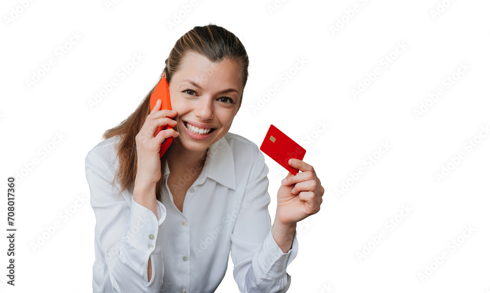 Happy young woman in white shirt and black pants sitting on chair talking by phone showing credit card looking at camera against transparent background. Business people and wealthy life Happy young woman in white shirt and black pants sitting on chair talking by phone showing credit card looking at camera against transparent background. Business people and wealthy life