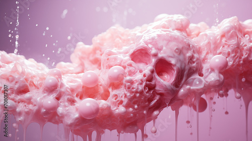 Pink milk moving stream and bubbles, with an emerging skull.