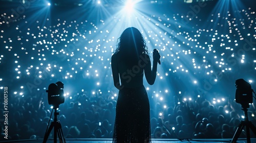 A female artist is singing on stage during a concert, with the audience illuminated by lights in the background.