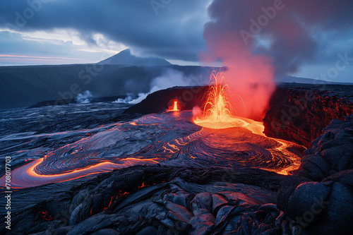 ハワイ火山国立公園の流れ出す溶岩