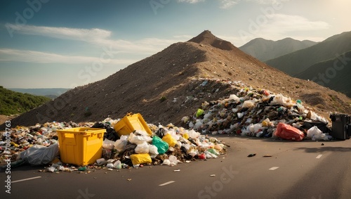 A pile of waste and plastic in the middle of the highway, nature and the hills
