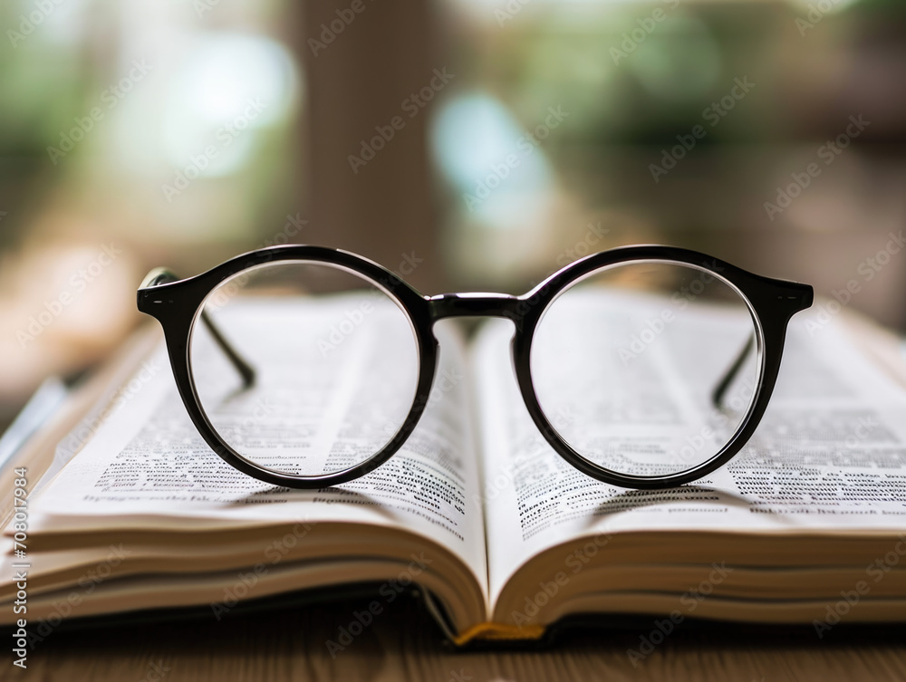 A Pair of Black Rimmed Glasses on an Open Book. A Pair of Black Rimmed Glasses on an Open Book.