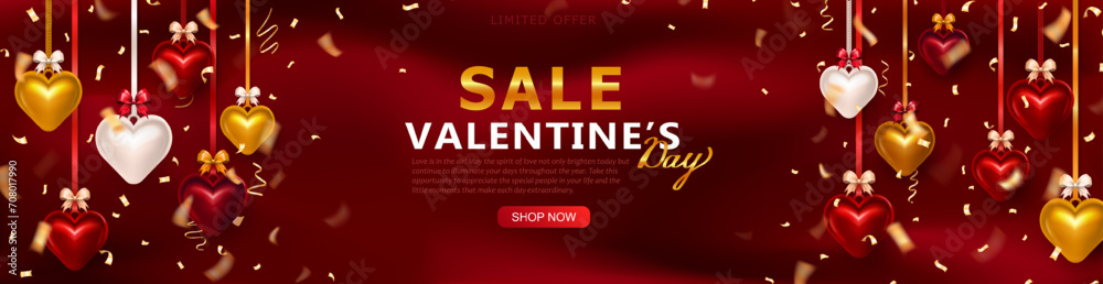 Romantic luxury sale panoramic banner or header with 3d glossy hearts hanging on silk ribbon with realistic bow and golden confetti streamers with promo discount text for Valentine's Day celebration Romantic luxury sale panoramic banner or header with 3d glossy hearts hanging on silk ribbon with realistic bow and golden confetti streamers with promo discount text for Valentine's Day celebration