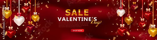 Wallpaper Mural Romantic luxury sale panoramic banner or header with 3d glossy hearts hanging on silk ribbon with realistic bow and golden confetti streamers with promo discount text for Valentine's Day celebration Torontodigital.ca