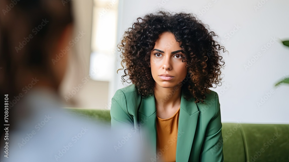 Young mixed race woman at an appointment with a psychologist. She delves into the problem and helps the patient solve the problem. The psychotherapist listens carefully to the patient’s story. - obrazy, fototapety, plakaty 