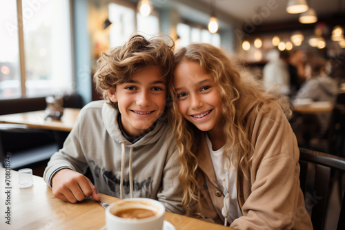 First love relationship sensuality tenderness concept. Portrait of a young smiling student teenage couple boyfriend girlfriend in romantic mutual love on date in cafe restaurant