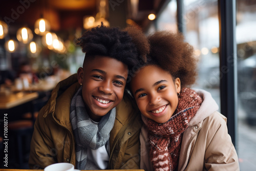 Portrait of a young multiracial African teenage couple boyfriend girlfriend in romantic mutual love on date in cafe restaurant. First love relationship sensuality tenderness concept