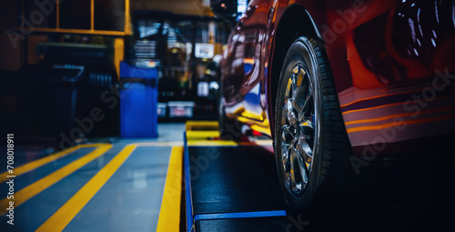 Closeup of Car wheel in garage of auto repair service shop. photo