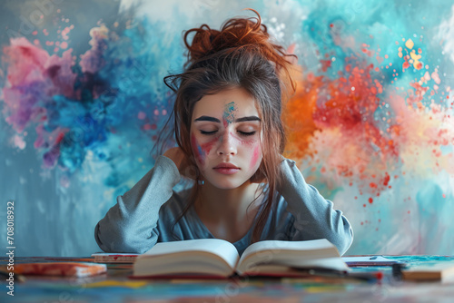 A young girl with a book, lost in thought.