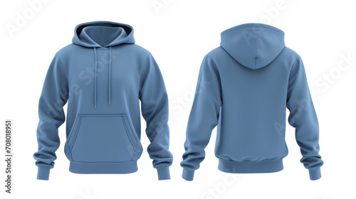 Blue hoodie with a blank front and back view, mockup, white background.