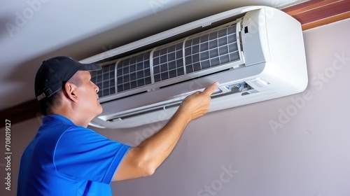 Detail-oriented repairman optimizing the airflow distribution in an air conditioner.