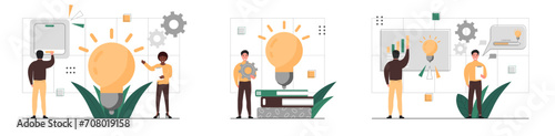 People with new ideas set. Men and woman with light bulb. People work in a team to create new ideas and implement them. Start up. Financial occupation employees. Vector illustration