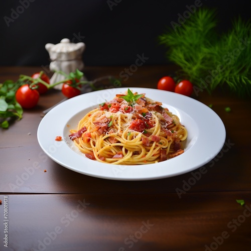 Spaghetti Carbonara with bacon and tomato sauce on a wooden table.AI.