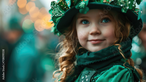 little red-haired child in green Leprechaun holiday costume at St. Patrick's Day carnival, Irish national holiday, Ireland, blurred background, shamrock, traditional, symbol, kid, girl, toddler, hat