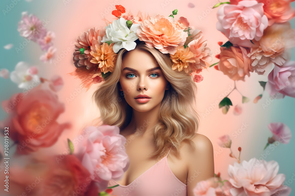 Portrait of attractive woman symbolizing spring season over flowery background