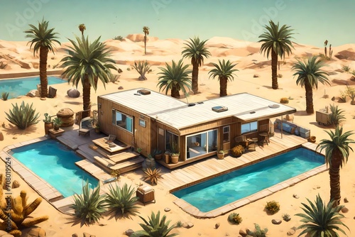 oasis in the desert, A desert oasis setting featuring a mobile home with swimming pool, where the pool provides a refreshing contrast to the golden sands around