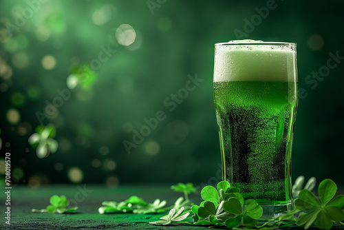 St. Patrick's Day Green Beer pint over dark green background, decorated with shamrock leaves. St. Patrick's Day background. Space for text.