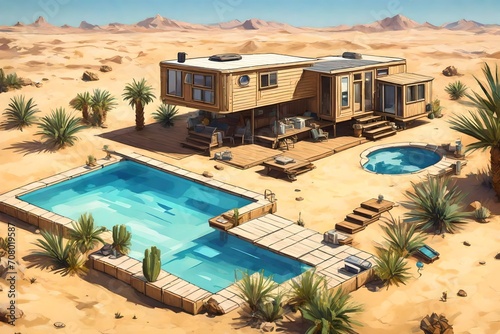 oasis in the desert  A desert oasis setting featuring a mobile home with swimming pool  where the pool provides a refreshing contrast to the golden sands around