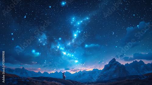 An enchanting portrayal of the Ursa Major constellation, with the iconic Big Dipper gracefully arching across the heavens above a serene mountain range.