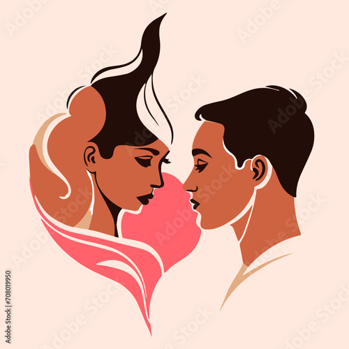 Boy and girl on heart background. Vector minimalist illustration for Valentine's Day