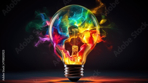 Creative light bulb explodes with colorful paint and colors
