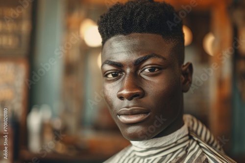 Elegant studio portrait of a young African man in a classic barbershop setting, with a stylish haircut, isolated on a vintage barbershop background