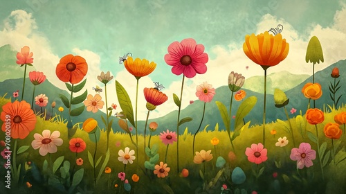 field flowers butterflies cute header perfect spring day random color drawing bloomy photo