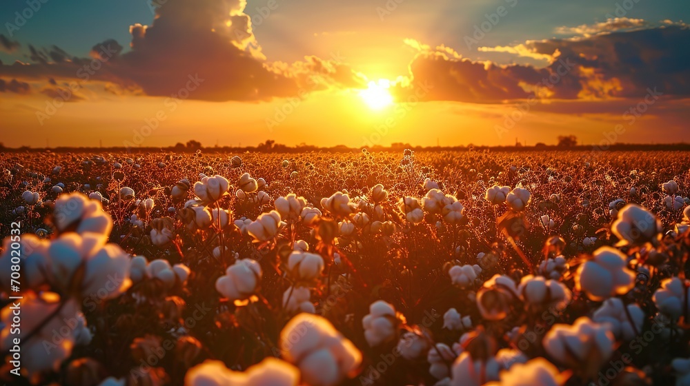 The image shows a breathtaking sunset with vibrant colors cascading over a sprawling cotton field. - obrazy, fototapety, plakaty 