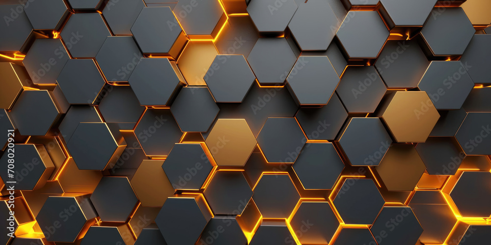 Abstract futuristic luxurious digital geometric technology hexagon background banner illustration 3d - Glowing gold, brown, gray and black hexagonal 3d shape texture wall - obrazy, fototapety, plakaty 