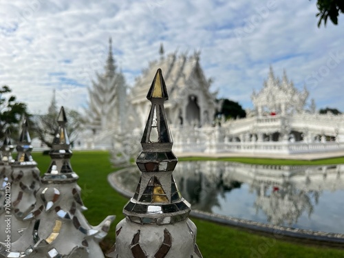 The White Temple  Wat Rong Khun   Chiang Rai  North Thailand. Its striking white color and the use of mirrors in its design are unique features that contribute to its ethereal beauty and symbolism.