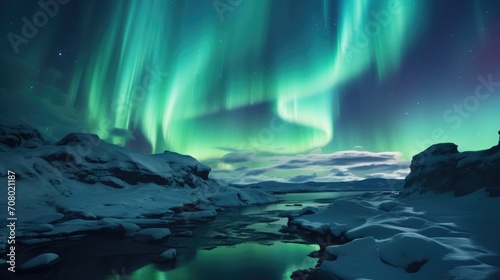 Northern lights over snowy mountains. Aurora borealis with starry in night sky © brillianata