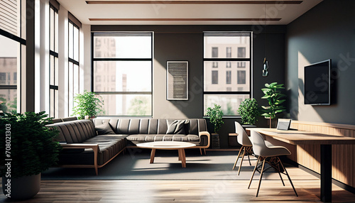 A calming photo of an open space office, showing a relaxation zone complete with cozy sofas and indoor minimalist background, Ai generated image © Trendy Three