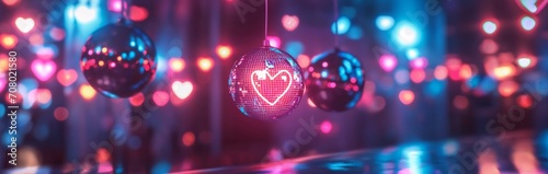 Valentine's Day and Love concept. Neon background in a 90s vintage shiny disco. Shape heart disco ball. Digital festive art for poster, template, flyer, banner or design element.