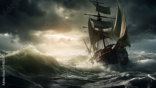 An old schooner rocking violently in choppy seas under a stormy sky. photo