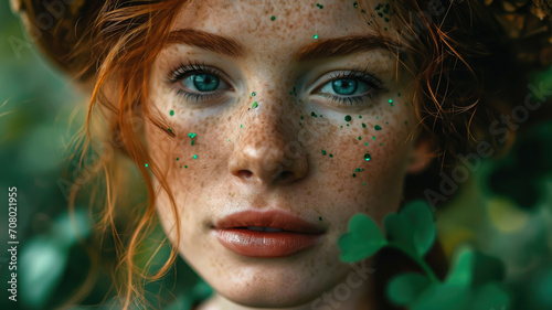 beautiful young red-haired woman with makeup in green tones and emerald clothes at the St. Patrick s Day carnival  national Irish holiday  Ireland  festival  symbol  shamrock  stylish image  girl