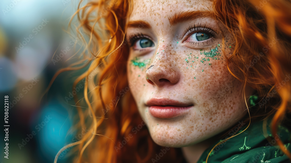 beautiful young red-haired woman with makeup in green tones and emerald clothes at the St. Patrick's Day carnival, national Irish holiday, Ireland, festival, symbol, shamrock, stylish image, girl beautiful young red-haired woman with makeup in green tones and emerald clothes at the St. Patrick's Day carnival, national Irish holiday, Ireland, festival, symbol, shamrock, stylish image, girl
