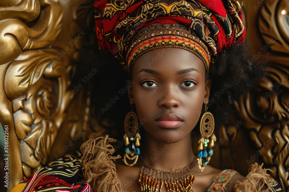 Regal studio portrait of a young African woman as a traditional queen, with a royal headdress, isolated on a palatial throne room background