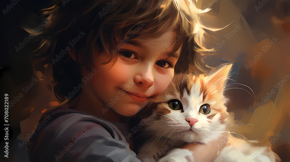 Cute boy with a cat
