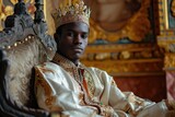Regal studio portrait of a young African man as a traditional prince, with royal robes and a crown, isolated on a palace interior background