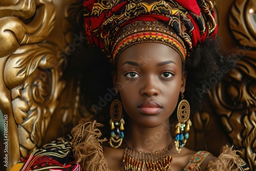 Regal studio portrait of a young African woman as a traditional queen, with a royal headdress, isolated on a palatial throne room background