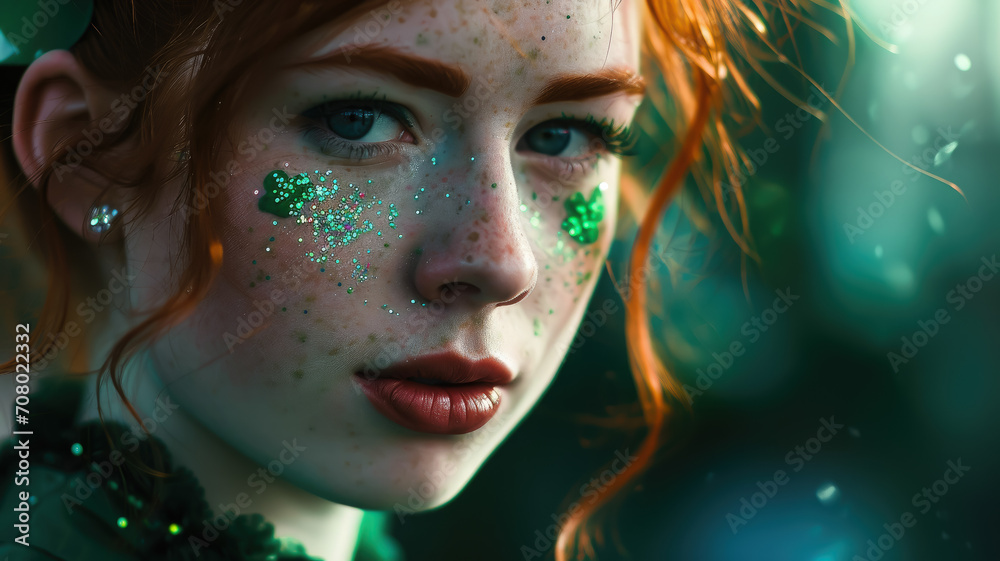 beautiful young red-haired woman with makeup in green tones and emerald clothes at the St. Patrick's Day carnival, national Irish holiday, Ireland, festival, symbol, shamrock, stylish image, girl