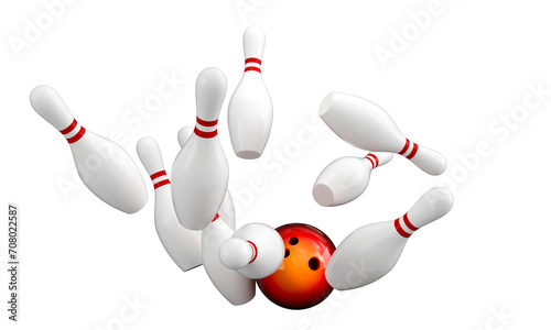 ball hitting bowling pins isolated on white.