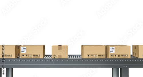 conveyor belt with parcels isolated on white.
