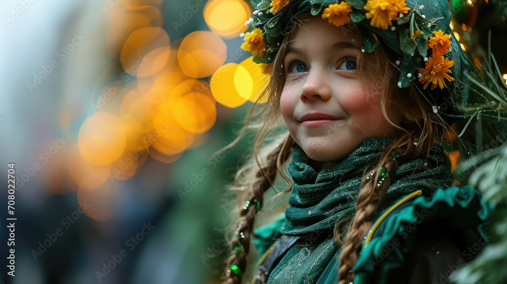 Fototapeta premium little red-haired child in green Leprechaun holiday costume at St. Patrick's Day carnival, Irish national holiday, Ireland, blurred background, shamrock, traditional, symbol, kid, girl, toddler, hat