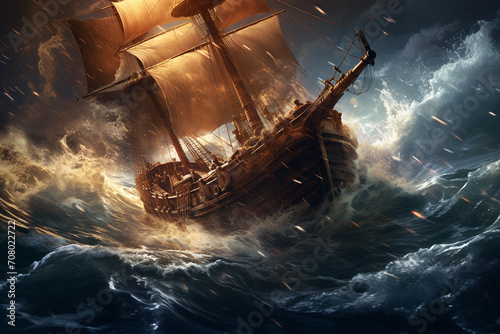 Powerful illustration of a pirate ship caught in the clutches of a colossal tidal wave, the ship's crew desperately struggling against the overwhelming force of nature, photo