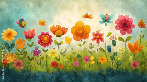 brightly colored flowers butterflies field grass cute illustration association crafts more blossoming eaves newspaper spring blooming garden design bloomy photo