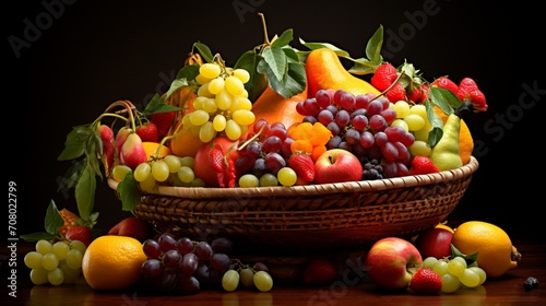 an artistic arrangement of fruits in a vibrant basket, their colors harmonizing in a visually appealing display,