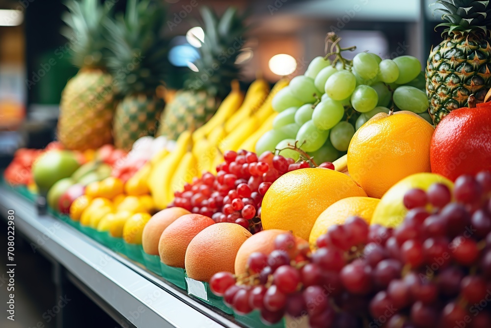 Assortment of ripe fruits on the market counter