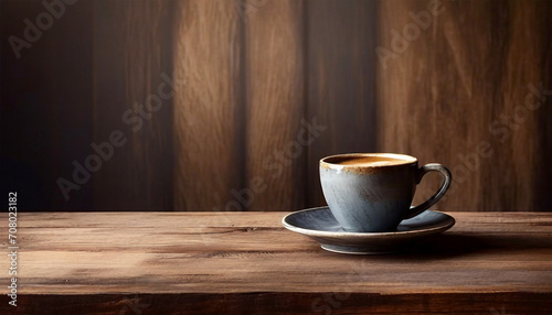 A coffee cup resting on a wooden table with the surrounding wood grain and texture. Against a backdrop of a dark brown wooden wall