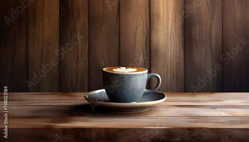 A coffee cup resting on a wooden table with the surrounding wood grain and texture. Against a backdrop of a dark brown wooden wall